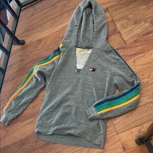 Aviator Nation Grey V-Neck Striped Drawstring Pull Hoodie Size XS